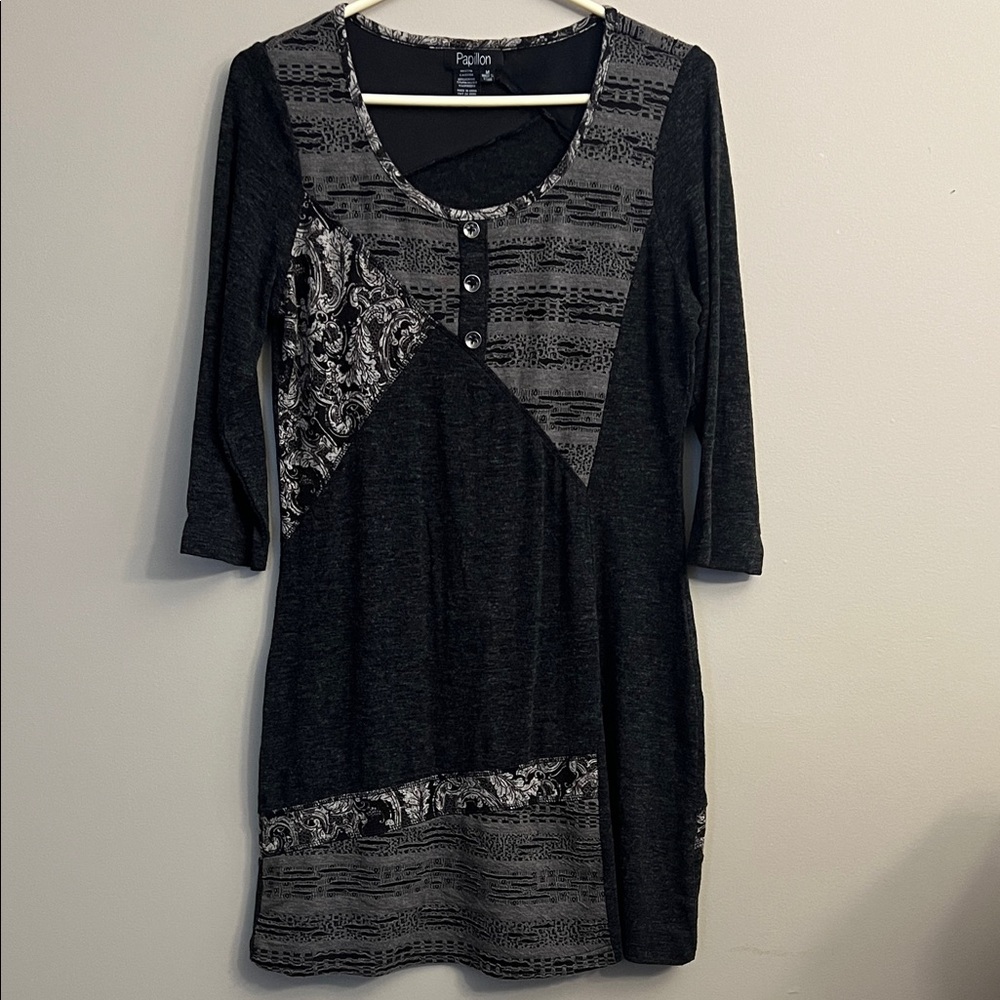 #60 Papillon Patchwork Abstract Grey Dress Size M